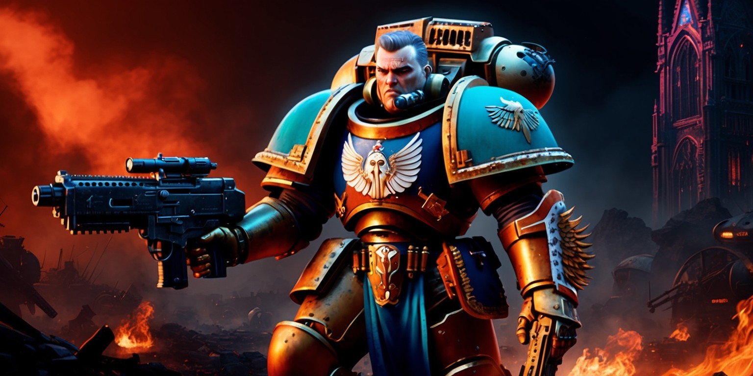 A highly detailed, futuristic, and gritty digital art depiction of a Space Marine from the Warhammer 40,000 universe, inspired by the game Space Marine 2, set against a dark, ominous, and fiery orange-red background, with the marine standing heroically in the midst of a war-torn, apocalyptic landscape, clad in iconic power armor, adorned with intricate gold accents, cerulean-blue pauldrons, and a silver aquila emblem on the chest, with a bold, determined facial expression, sharp jawline, and piercing blue eyes, holding a bolter rifle at the ready, with smoke and flames billowing around, and a hint of neon-lit, gothic-inspired architecture in the distance, showcasing a blend of sci-fi and fantasy elements.