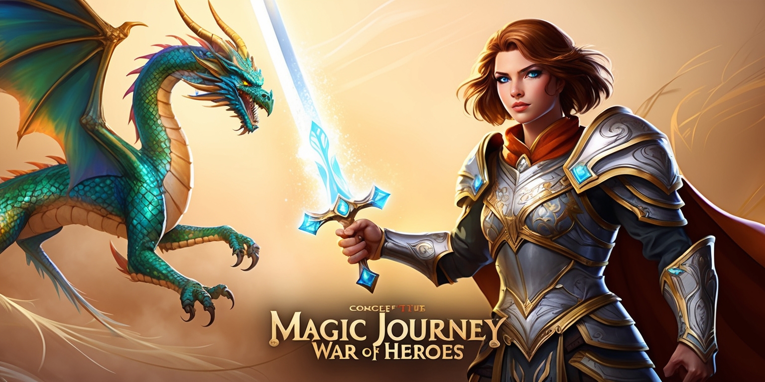 A fantastical illustration depicting the concept of Magic Journey: War of Heroes game, set against a warm, golden-lit background with subtle, swirling mist. In the foreground, a heroic warrior, clad in intricately designed armor with vibrant, metallic hues of silver and gold, stands victorious, their facial features strong and determined, with piercing blue eyes and shoulder-length, rich brown hair. They hold a glowing, crystalline sword aloft, radiating a soft, ethereal light. To their left, a regal, majestic dragon with iridescent scales in shades of emerald green, sapphire blue, and fiery orange, spreads its magnificent wings, as if prepared to take flight. The atmosphere is dynamic, with subtle hints of mystical energy and ancient wisdom. The overall art style blends traditional fantasy elements with modern, digital illustrations, featuring bold lines, dramatic shading, and intricate textures.