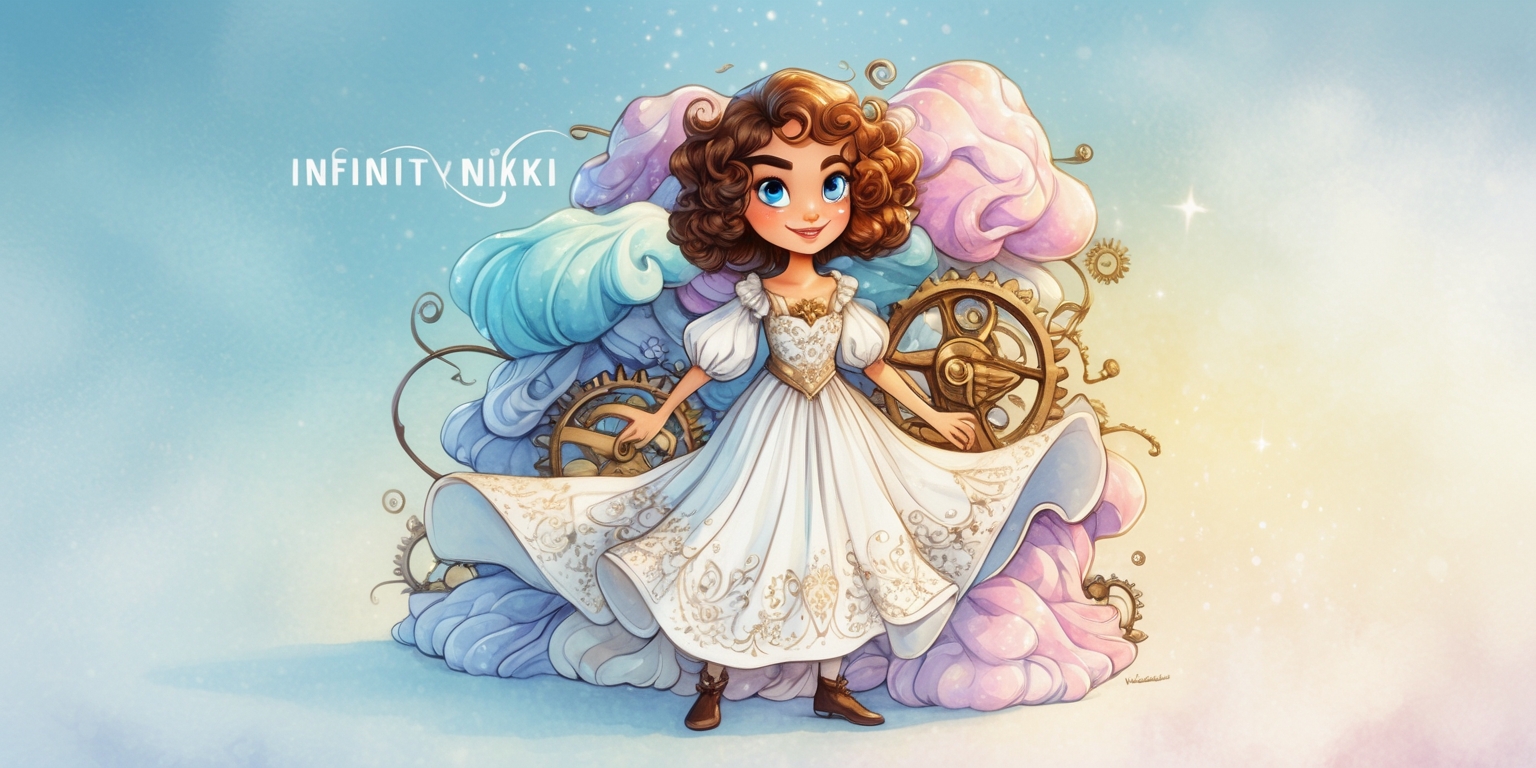 A dreamy, surreal illustration of the Infinity Nikki game, set against a soft, gradient blue background that fades into infinity, with subtle, shimmering starlight effects. Nikki, the game's protagonist, stands in the center, surrounded by swirling clouds of colorful fabrics, with her iconic, curly brown hair and bright, expressive blue eyes. She wears a flowing, white dress with intricate, hand-drawn patterns and a slight, mischievous smile. The atmosphere is whimsical and fantastical, with hints of steampunk influence in the intricate clockwork mechanisms and gears visible in the background. The overall style is reminiscent of a beautiful, hand-drawn watercolor painting, with bold lines, delicate textures, and a focus on capturing the essence of the game's enchanting world.