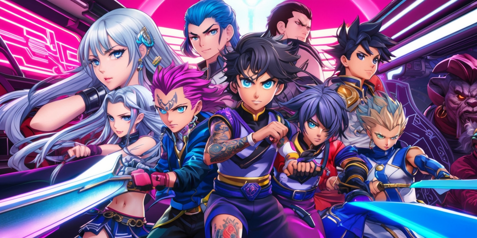 A vibrant and dynamic scene depicting characters from a Honkai spin-off game, set against a richly detailed futuristic backdrop with sleek lines and neon accents, featuring a diverse cast of characters with unique outfits and hairstyles, including girls with long flowing silver hair and intricate tattoos, and boys with bold facial features and striking blue eyes, all showcasing a mix of determination and camaraderie as they prepare for battle, with hints of advanced technology and ancient mysticism blending together in the surroundings, and a bold color scheme dominated by shades of pink, purple, and blue, with subtle gradients and textures that evoke a sense of high-energy action and adventure.