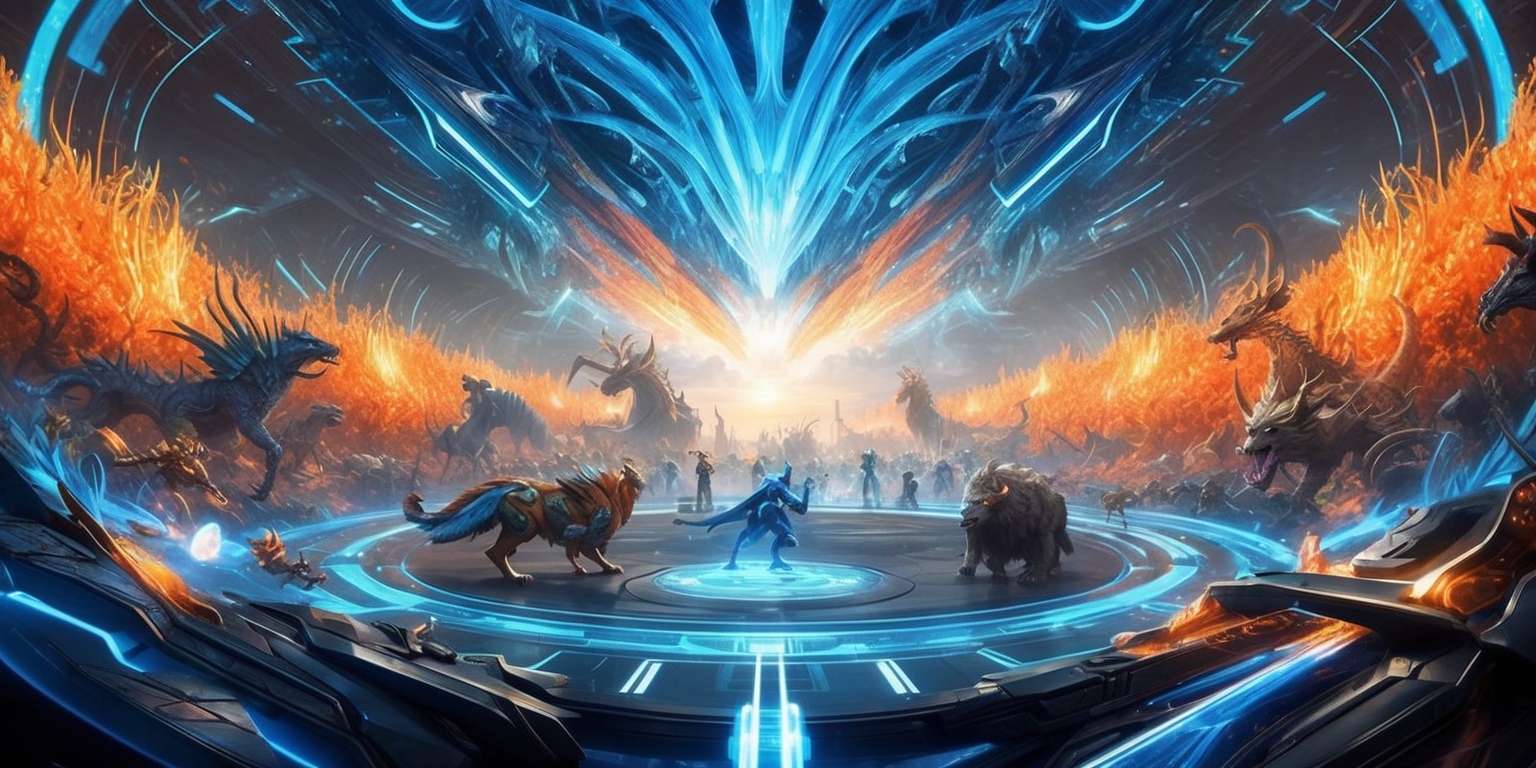 A futuristic, high-definition digital landscape depicting an immersive arena filled with fantastical creatures, mythical beasts, and legendary heroes, set against a kaleidoscopic backdrop of vibrant, electric blues and radiant, fiery oranges, with intricate, shimmering details and luminescent accents, as if the entire scene is alive and pulsing with energy, surrounded by a subtle, ethereal glow that hints at the magic and wonder within, with sleek, metallic accents and glowing runes that evoke a sense of advanced technology and ancient mysticism, all rendered in a stylized, hyper-realistic art style with bold, dynamic lines and textures that seem to leap off the screen.