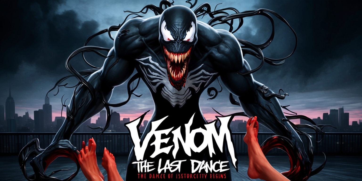 A dark and gritty movie poster for Venom: The Last Dance featuring Venom, a twisted and muscular figure with sharp teeth and glowing red eyes, in a worn-out and torn black suit, standing in front of a cityscape at dusk with dark clouds looming in the background. Venom's face is twisted into a menacing grin, with tendrils of his symbiote swirling around him. In the foreground, a pair of dancing feet, likely belonging to a innocent bystander, are seen being pulled towards Venom, implying a sense of danger and chaos. The color palette is predominantly dark, with shades of black, dark grey, and red, evoking a sense of foreboding and menace. The title Venom: The Last Dance is written in bold, graffiti-style letters, with the tagline The Dance of Destruction Begins written in smaller text below, in a stylized, distressed font. The overall aesthetic is gritty, dark, and intense, capturing the essence of Venom's malevolent persona.