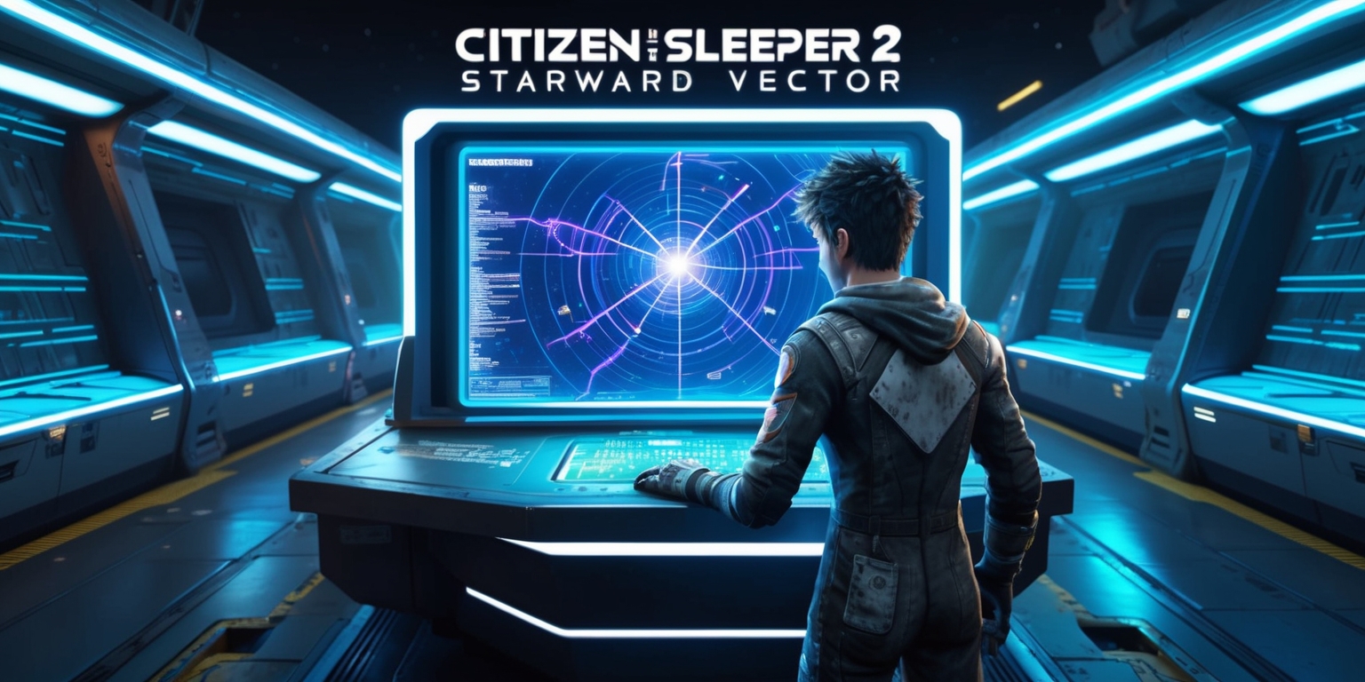 A futuristic, neon-lit space station serves as the backdrop for the Citizen Sleeper 2: Starward Vector game, with sleek, metallic surfaces and glowing blue circuits lining the walls and floors. In the center, a holographic interface hums with energy, displaying a 3D star map with vibrant, pulsing lines and nodes. A lone figure, clad in a worn, patched-together jumpsuit, stands at the edge of the console, gazing out at the stars with a mix of determination and longing etched on their weary face, with short, spiky hair and a smattering of scars above their left eyebrow. The overall aesthetic is a blend of gritty realism and vibrant, sci-fi futurism, with bold, neon accents and subtle, ambient lighting. The title Citizen Sleeper 2: Starward Vector emblazons the top of the image in stylized, metallic lettering, with a faint, starry texture woven into the text.