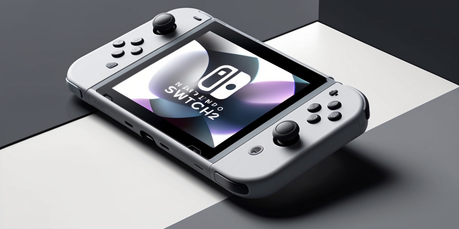 A high-angle, close-up photograph of a Nintendo Switch 2 console, showcasing its sleek and modern design, with a subtle gradient of grays and whites, featuring a prominent screen displaying a popular video game, surrounded by a minimalist, dark gray background, with soft, natural lighting that accentuates the console's contours and texture, highlighting the distinctive joy-con controllers and the subtle details of the console's buttons and vents.