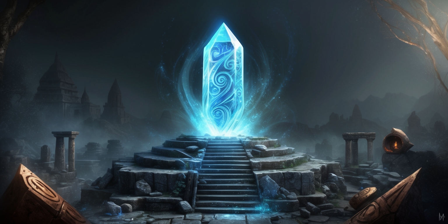 A mystical, glowing crystal rises from the heart of the ancient city of Atlan, surrounded by ruins and mysterious artifacts, with intricate, swirling patterns etched into its facets, emitting a soft, ethereal blue light that illuminates the dark, misty atmosphere, as if channeling the wisdom and power of the lost civilization, with hints of gold and copper accents reflecting the fading light of day, set against a dark, muted background that suggests the passage of time and forgotten knowledge, with subtle, shimmering textures and delicate, wispy details that evoke a sense of wonder and discovery.