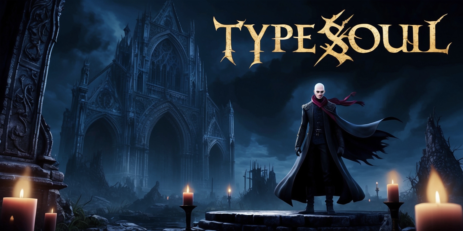 A dark fantasy video game landscape inspired by the Type Soul series, featuring a hauntingly beautiful gothic atmosphere with intricate stone carvings, mysterious glowing runes, and a colossal, ancient, ruined cathedral looming in the background, with a lone, brooding, pale-skinned figure with sharp facial features and piercing eyes, dressed in a long, flowing black coat with a crimson scarf, standing atop a crumbling stone pedestal, surrounded by a halo of faint, flickering candles, with the game's title emblazoned in bold, golden, cursive script across the top of the image, set against a deep, foreboding, indigo night sky filled with swirling, ethereal mist.
