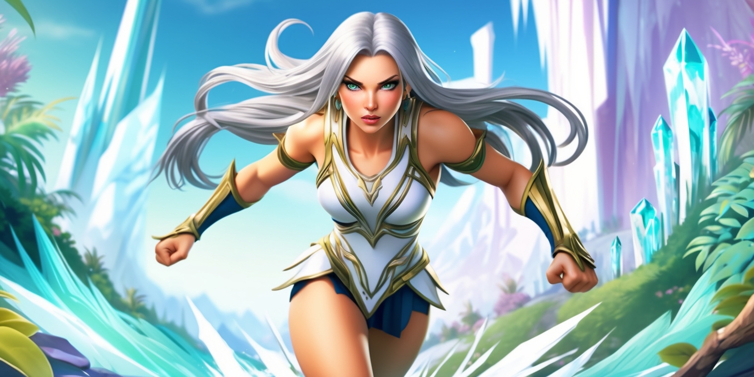A dynamic digital illustration of a powerful goddess, running through a fantastical realm, inspired by the aesthetic of a popular mobile game. She has long, flowing silver hair and piercing emerald green eyes, with a subtle glow surrounding her athletic physique, clad in a shimmering white and gold armor set. Her facial expression is determined, with a hint of a fierce battle cry. The goddess's skin tone has a warm, golden undertone, with a subtle sheen to suggest a supernatural essence. The background is a vibrant, dreamlike landscape with towering crystal spires, shimmering waterfalls, and lush, ethereal foliage in shades of turquoise, lavender, and mint green. The overall style is a fusion of anime and fantasy, with bold lines, intricate details, and a mix of soft, gradient colors and bold, solid tones. The composition is kinetic, with the goddess positioned in a dynamic, forward-striding pose, as if she is about to burst out of the frame.