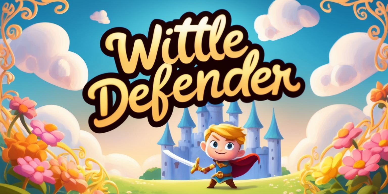 A whimsical digital illustration of a fantastical game titled Wittle Defender featuring a small, determined hero with bright, shining eyes and a tiny sword, standing guard in front of a magical kingdom, set against a warm, gradient blue sky with soft, puffy white clouds, surrounded by intricate, swirling patterns and vibrant flowers in shades of pink, yellow, and orange, with bold, playful typography in a curvy, childlike script, with the words Wittle Defender written in a circular motion, curved around the hero, as if the title is a protective shield, evoking a sense of wonder, adventure, and bravery.