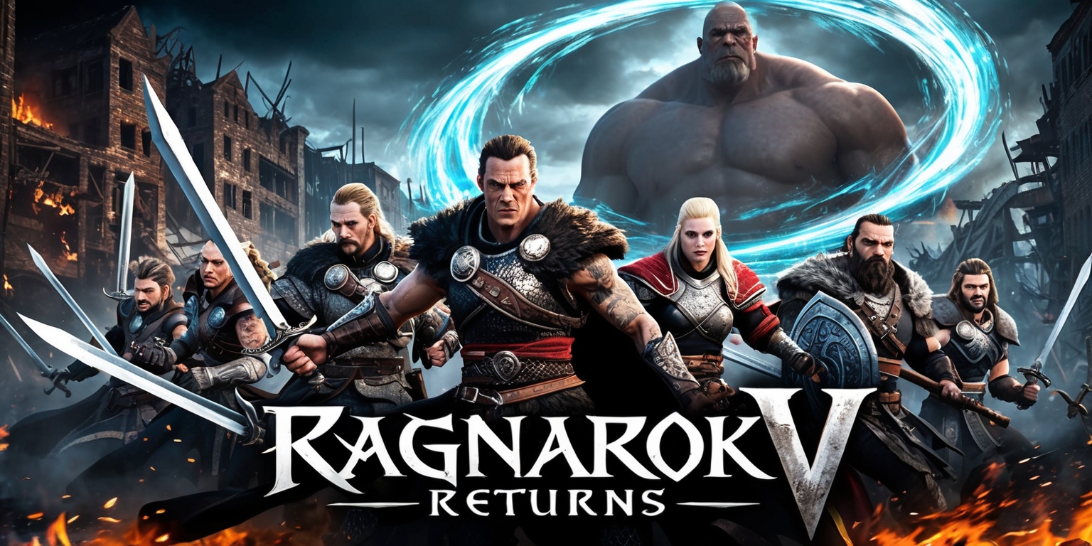 A dramatic scene from the Ragnarok V: Returns game, with a dark fantasy setting, set against a backdrop of a war-torn city with destroyed buildings and flames, featuring a group of fierce warriors with sharp swords and shields, dressed in intricately designed armor, with visible Norse mythology influences, in the foreground, while a colossal giant looms in the distance, amidst a swirling vortex of magical energies, with shades of deep blues and greys dominating the color palette, and intricate details on the characters' facial features, skin color, and unique attributes, such as tattoos and scars, with a sense of intense action and chaos, as if the characters are in the midst of a fierce battle, with the game's logo subtly incorporated into the scene, in a bold, metallic font, with a hint of Nordic runic script.