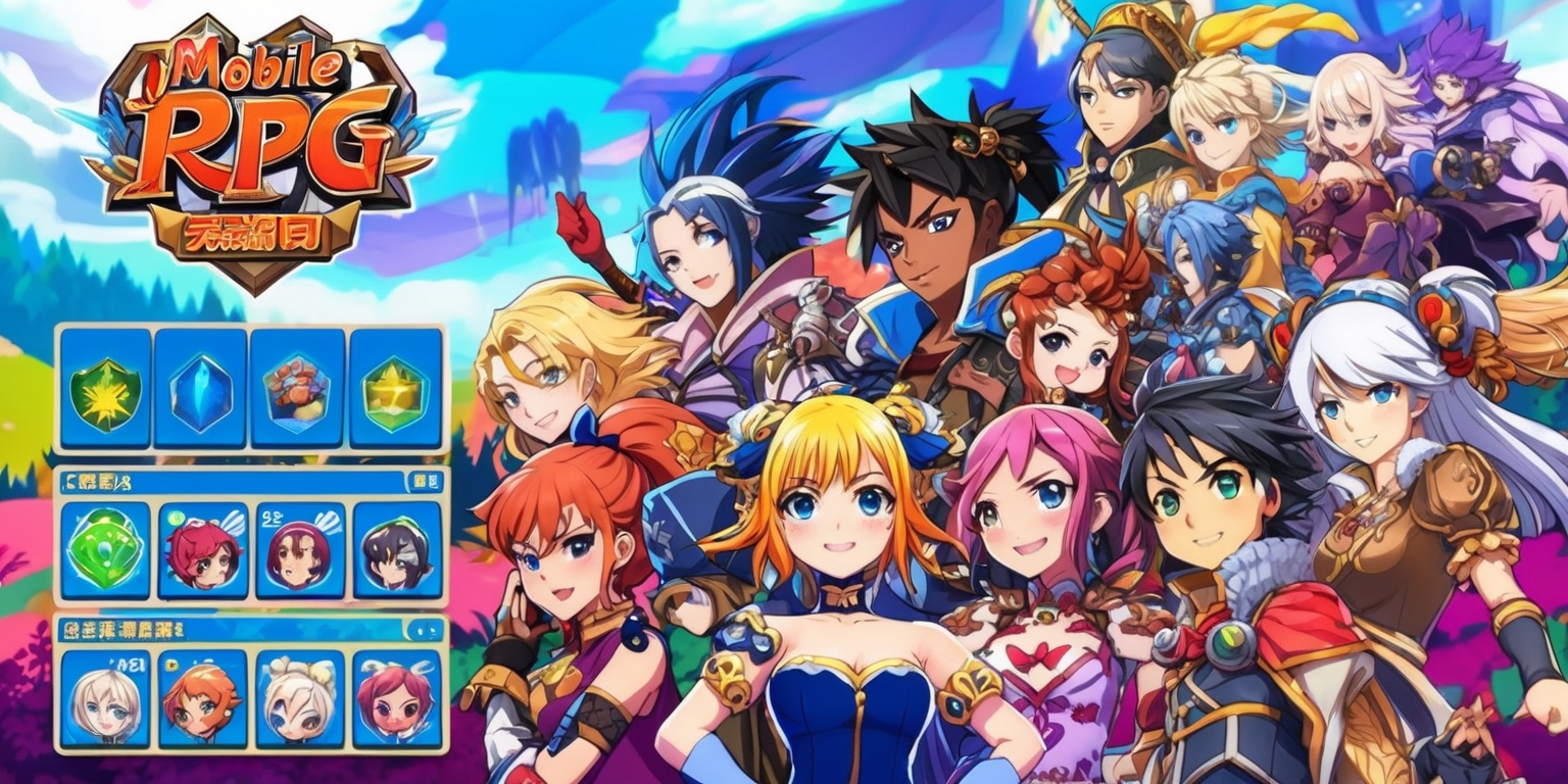 A vibrant anime-style illustration of a mobile RPG game scene, featuring a variety of characters with intricate details, expressive facial features, and diverse skin colors, set against a stylized fantasy background with a mix of bright colors and subtle gradients, the layout includes a selection of in-game icons, menus, and buttons, with a prominent logo of the game at the top, the characters are uniquely designed with distinctive outfits, accessories, and hairstyles, the overall aesthetic is dynamic, youthful, and engaging, with a sense of adventure and excitement, the style is reminiscent of popular anime and manga series, with bold lines, exaggerated emotions, and dramatic poses.