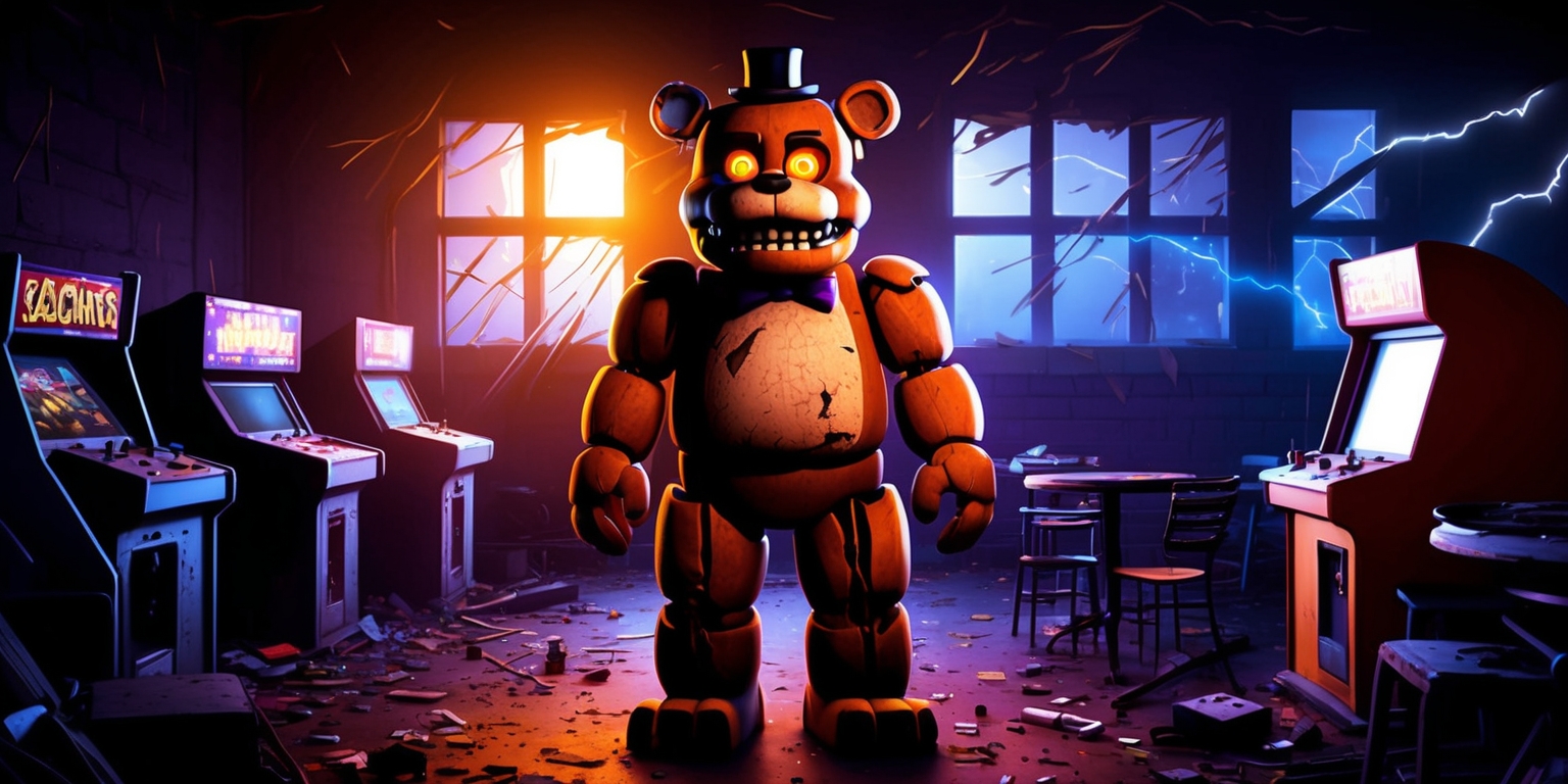 A vibrant and eerie digital artwork depicting a scene from the popular mobile game Five Nights at Freddy's, set in a dark and abandoned Freddy Fazbear's Pizza restaurant, with a mix of dimly lit warm orange and yellow hues, and dark blues and purples to create an ominous atmosphere, featuring the main antagonist Freddy Fazbear, a worn and faded brown bear with glowing orange eyes, standing in the center, surrounded by abandoned arcade games, broken furniture, and scattered debris, with a hint of moonlight peeking through the broken windows, and subtle streaks of lightning illuminating the dark sky outside, with a sense of foreboding and tension.