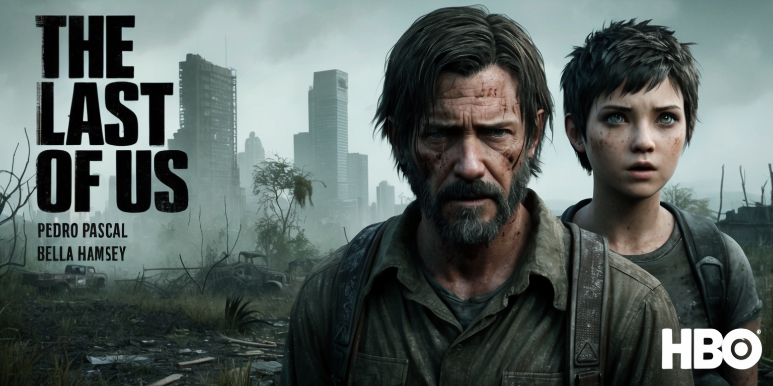 A hauntingly atmospheric poster featuring the television adaptation of The Last of Us, set against a desolate, post-apocalyptic backdrop with overgrown vegetation and ruins of a once-thriving cityscape. In the foreground, a worn and weary Joel, played by Pedro Pascal, wears a rugged, earth-toned outfit, with a solemn expression etched on his weathered, bearded face, his eyes weary from the struggles of survival. Beside him stands Ellie, portrayed by Bella Ramsey, with her bright, piercing green eyes, short, choppy hair, and a determined look on her pale, youthful face. The color palette is muted, with shades of olive green, rust, and monochromatic grays, evoking a sense of desperation and hopelessness. The title The Last of Us is emblazoned in bold, gritty, distressed font across the top, with the HBO logo subtly integrated in the corner, in a dark, muted gray. The overall aesthetic is gritty, realistic, and foreboding, capturing the essence of the show's emotional and intense narrative.